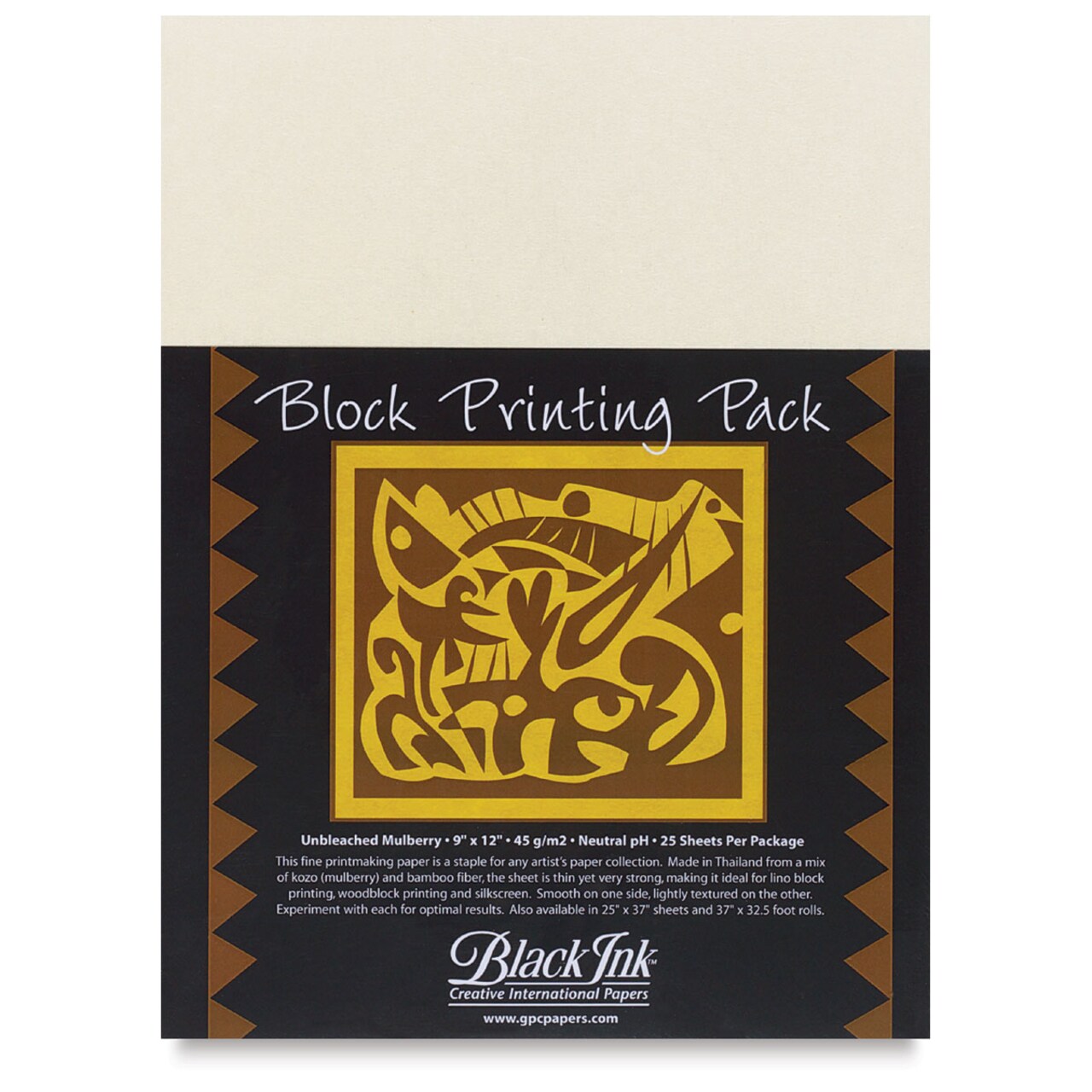 Black Ink Block Printing Pack - 9" x 12", Unbleached Mulberry, 25 Sheets